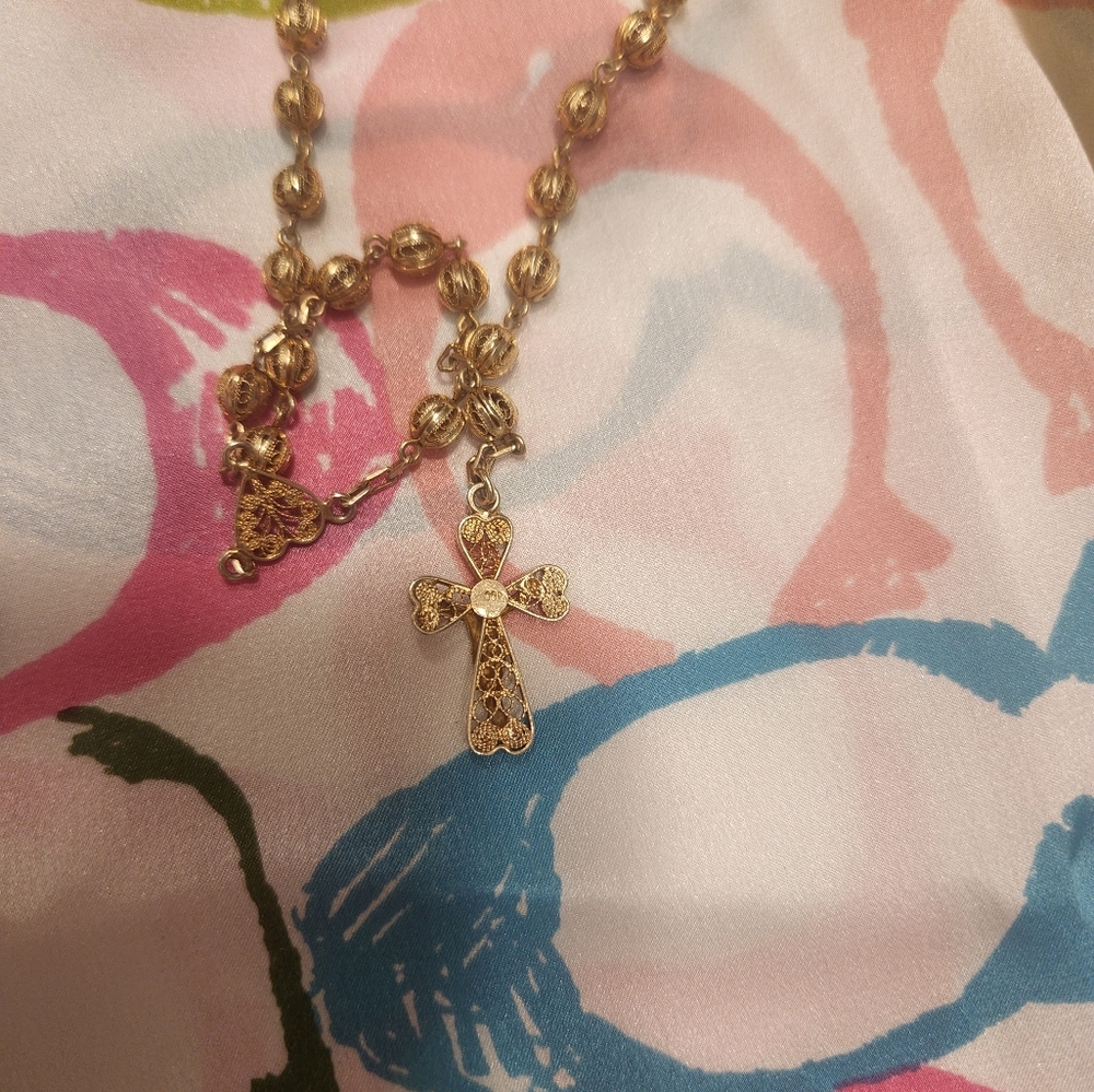 Gold Beaded Necklace with Cross Pendant, 800 Plate Vintage - Picture 5 of 7